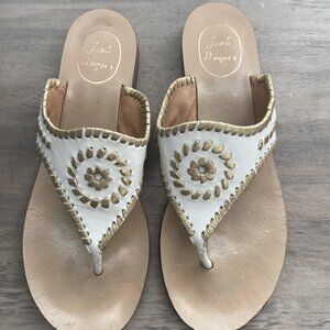 Jack Rogers Blair Thong Slip-On Leather Sandals in White and Gold Sz 8.5M